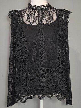 NWT Adiva Black Lace Ruffled Blouse MD Boho Fairy Coquette Whimsigoth